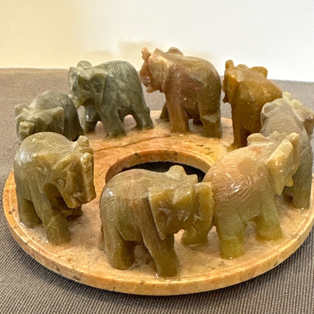 Carved Stone Elephant Figurines Candle Holder on Circular Base Made in India